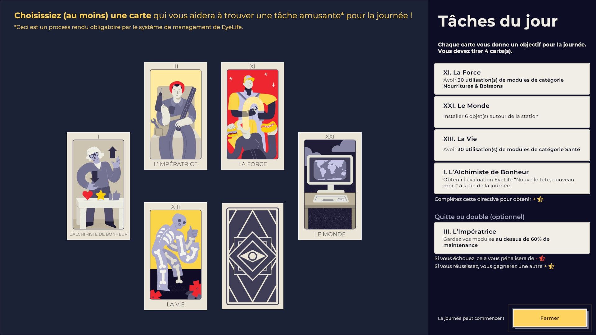 Flat Eye choix des objectifs en tirant des cartes de tarot