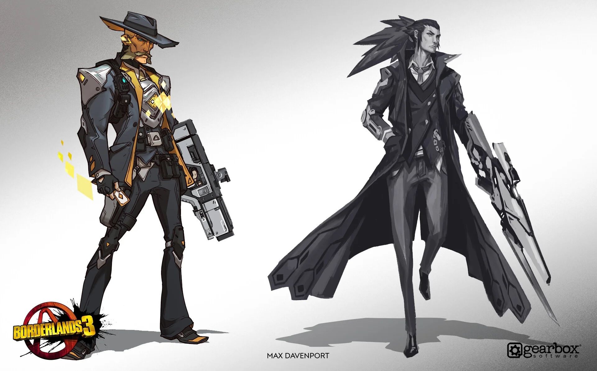 Cow bot et vampire tenant des fusils dans des dessins préparatoires de Borderlands 3