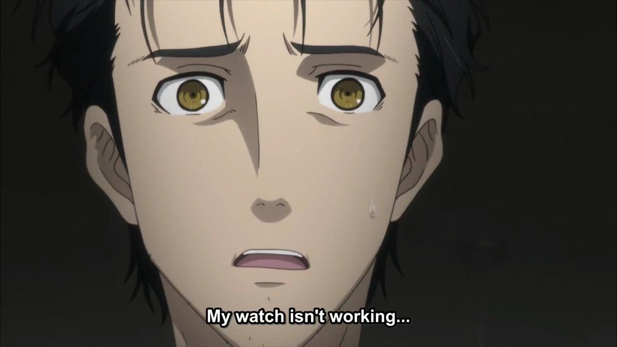 Okarin entendant la phrase "ma montre s'est arrêtée" dans une capture d'écran de Steins;Gate 0