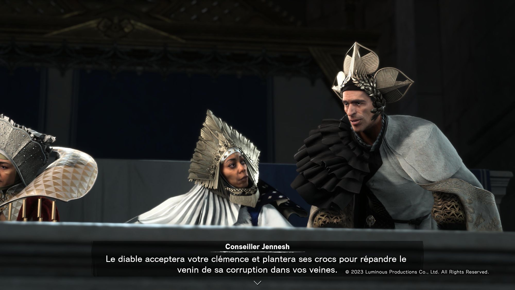 Personnages de nobles avec des chapeaux bizarres dans Forspoken