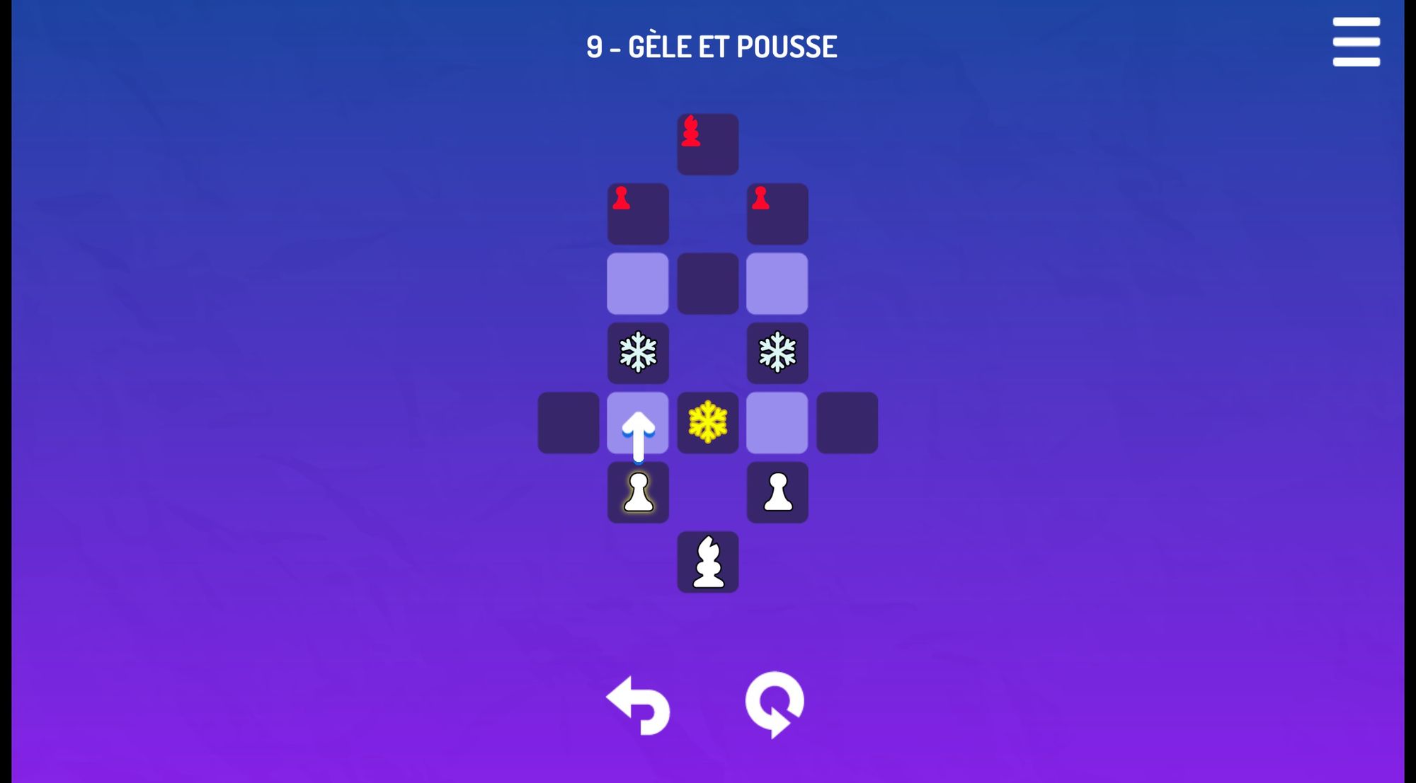 Dans SokoChess White, puzzle avec des pions à pousser sur des cases gelées