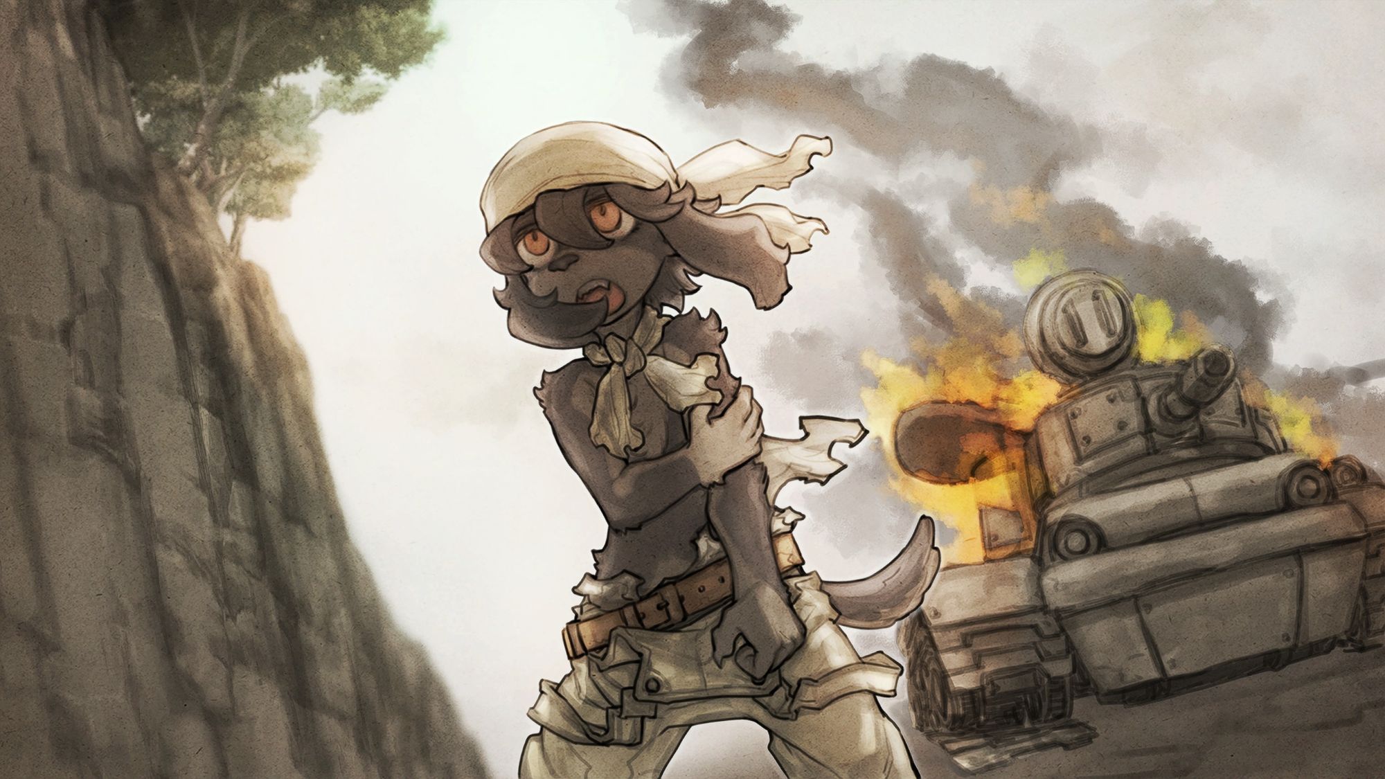 Illustration de Fuga : Melodies of Steel dans lequel un des personnages est blessé devant un tank en flammes