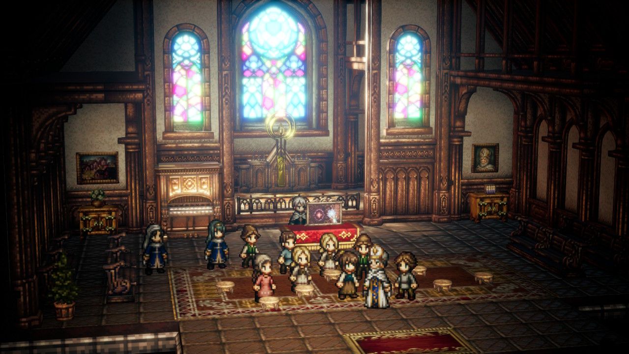 Scène de dialogue dans une église dans Octopath Traveller 2