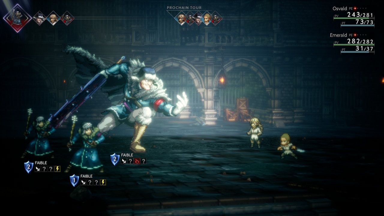 Scène de combat au tour par tour dans Octopath Traveler II