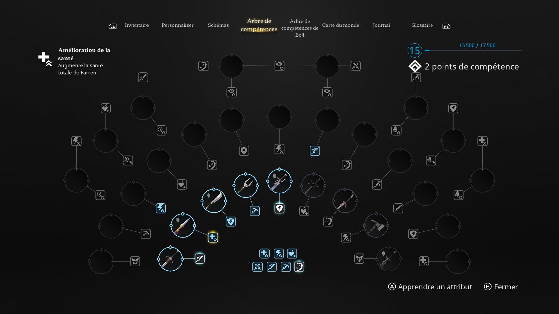 arbre de compétence très fourni dans Stray Blade