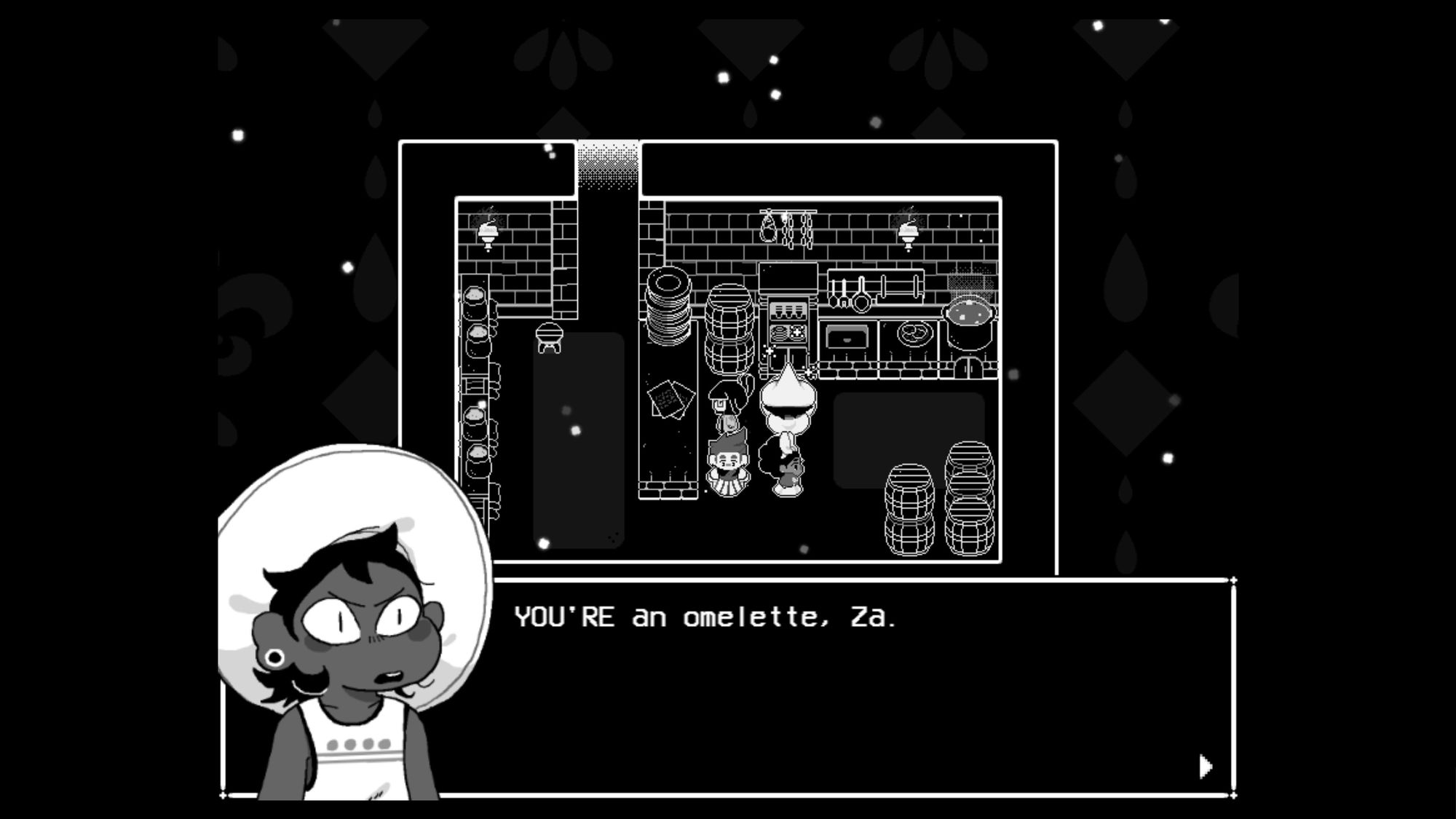 Un personnage en traite un autre d'omelette dans une cuisine monochrome