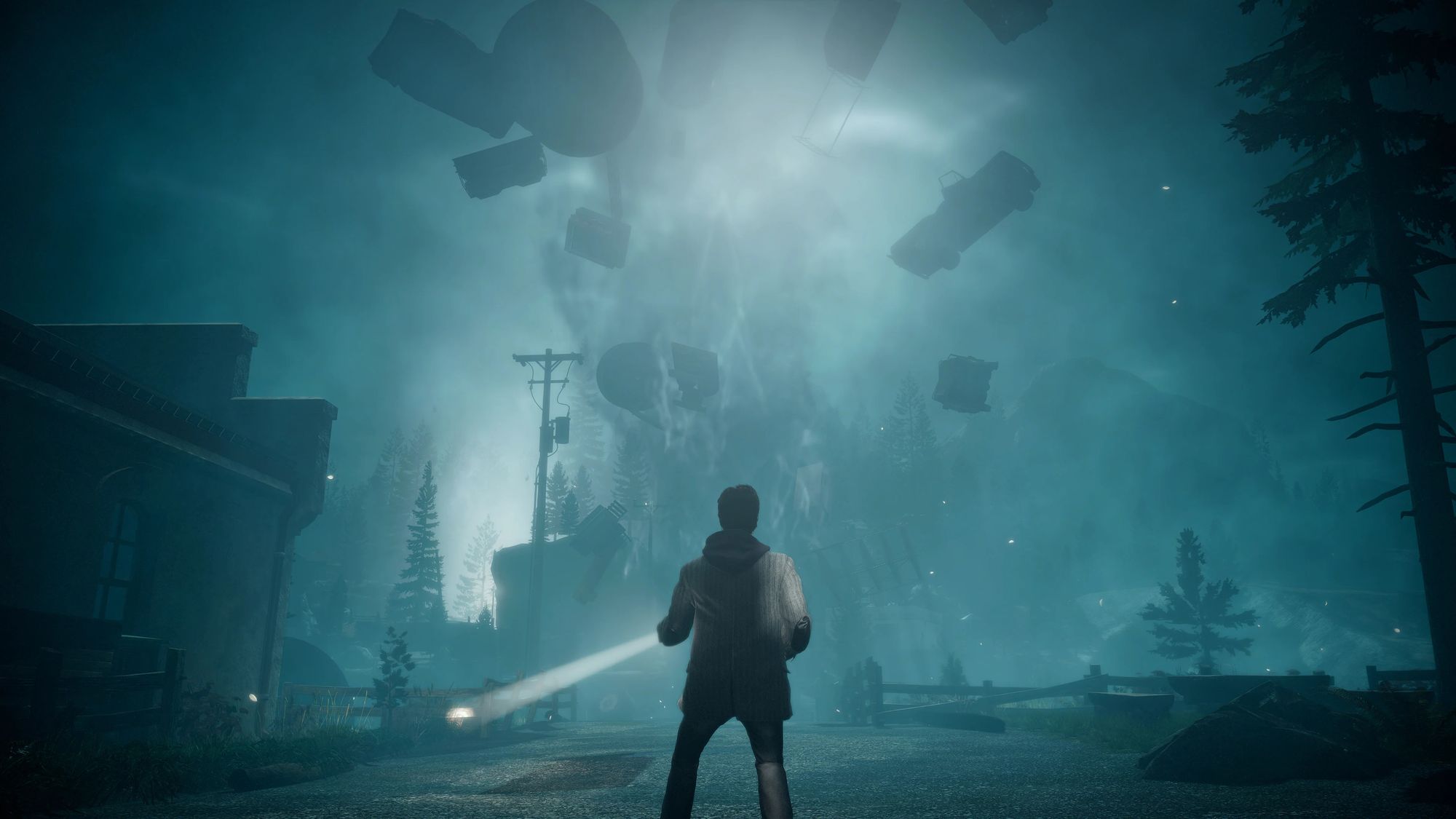 Alan Wake devant une tempête surnaturelle de trucs volants