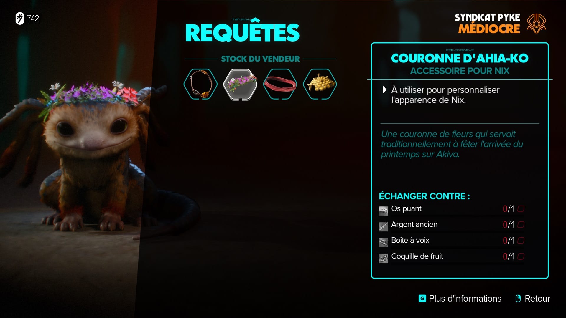 Star Wars Outlaws : capture d'écran de Nyx, le petit axolotl avec une couronne de fleur