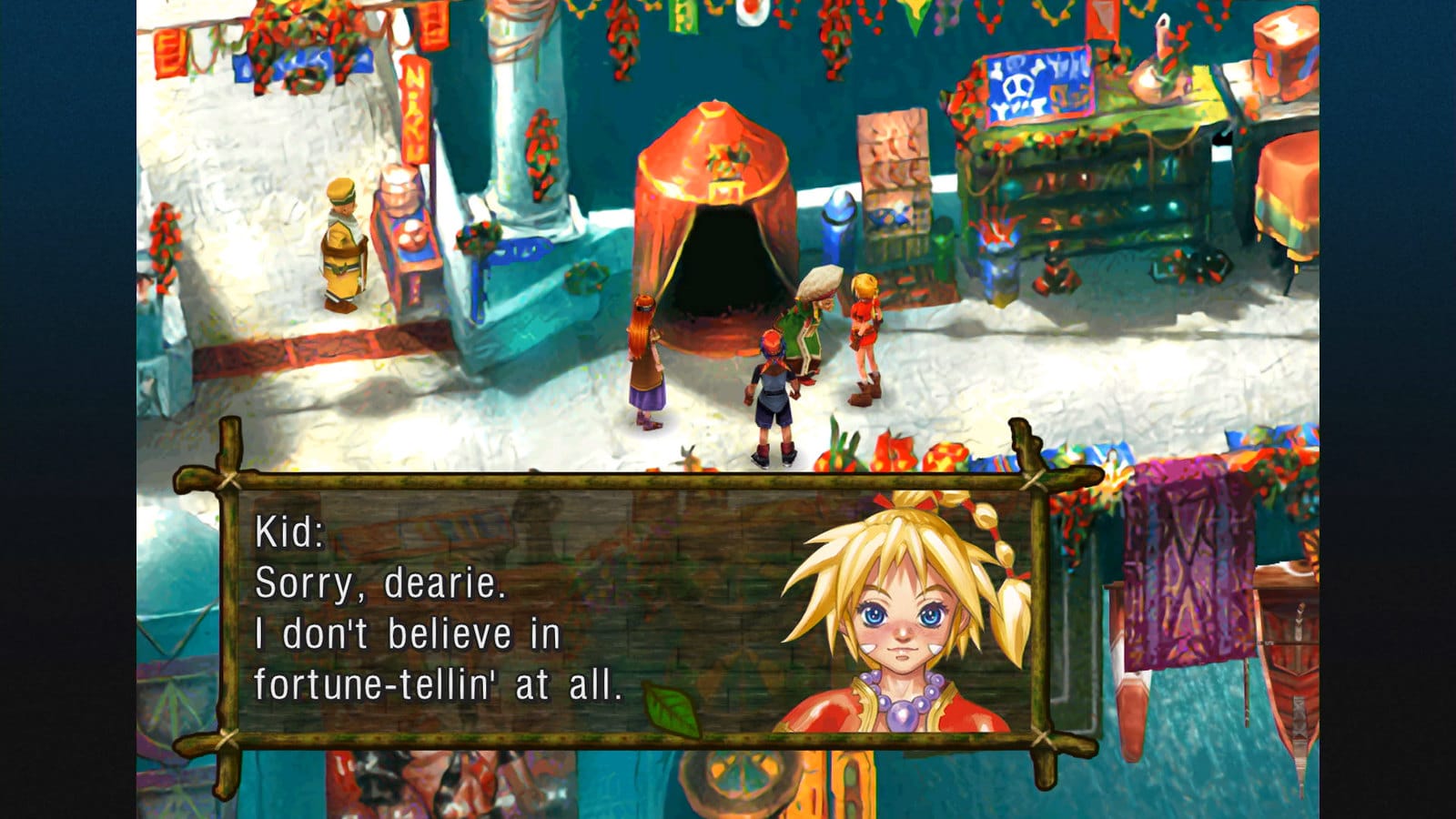 Une image du remaster de Chrono Cross. Le personnage de kid dit qu'elle ne croit pas aux diseuses de bonne aventure.