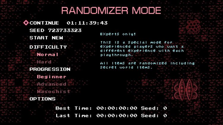 Axiom Verge. Menu du Randomizer Mode